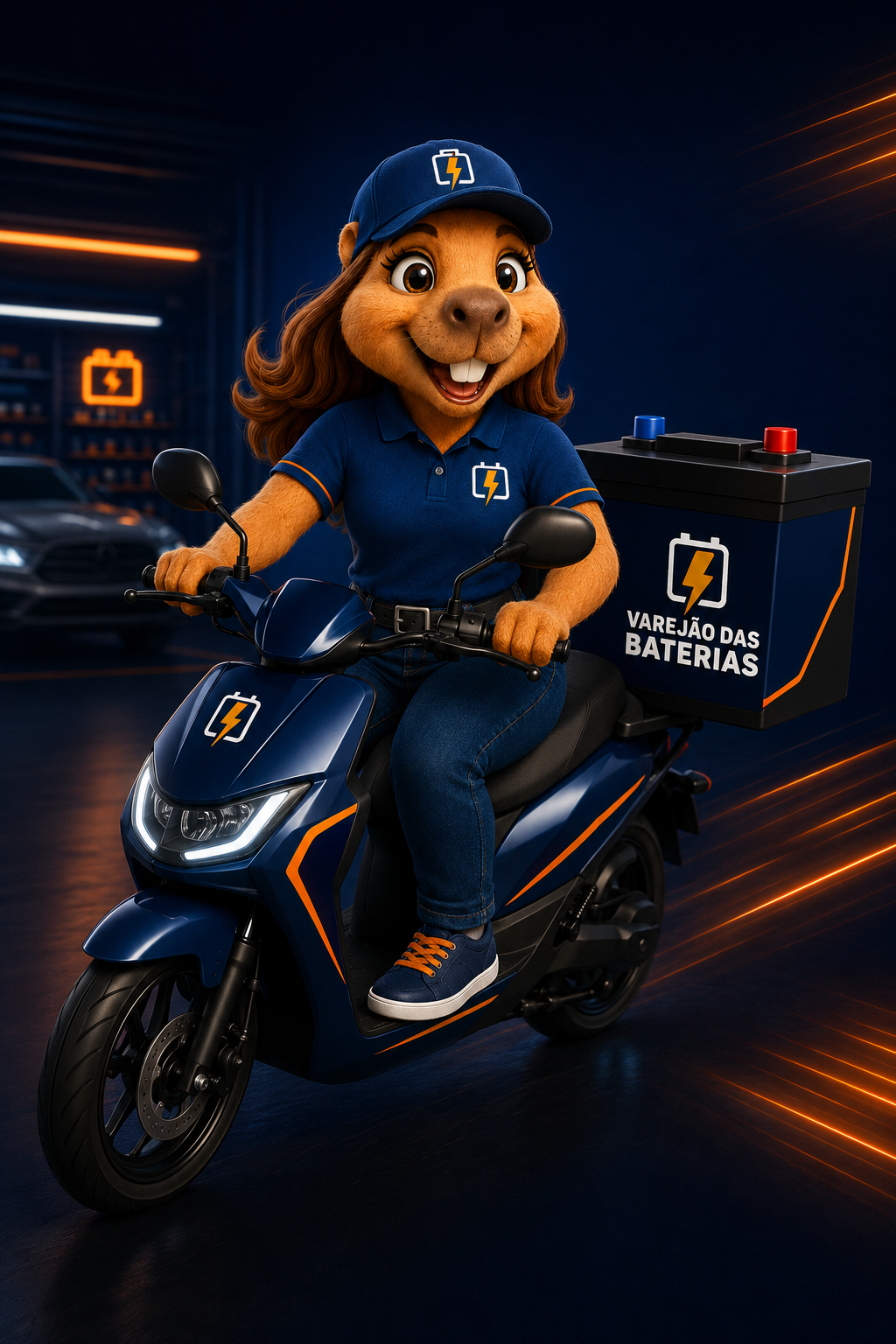 Mascote do Varejão em uma moto de entrega