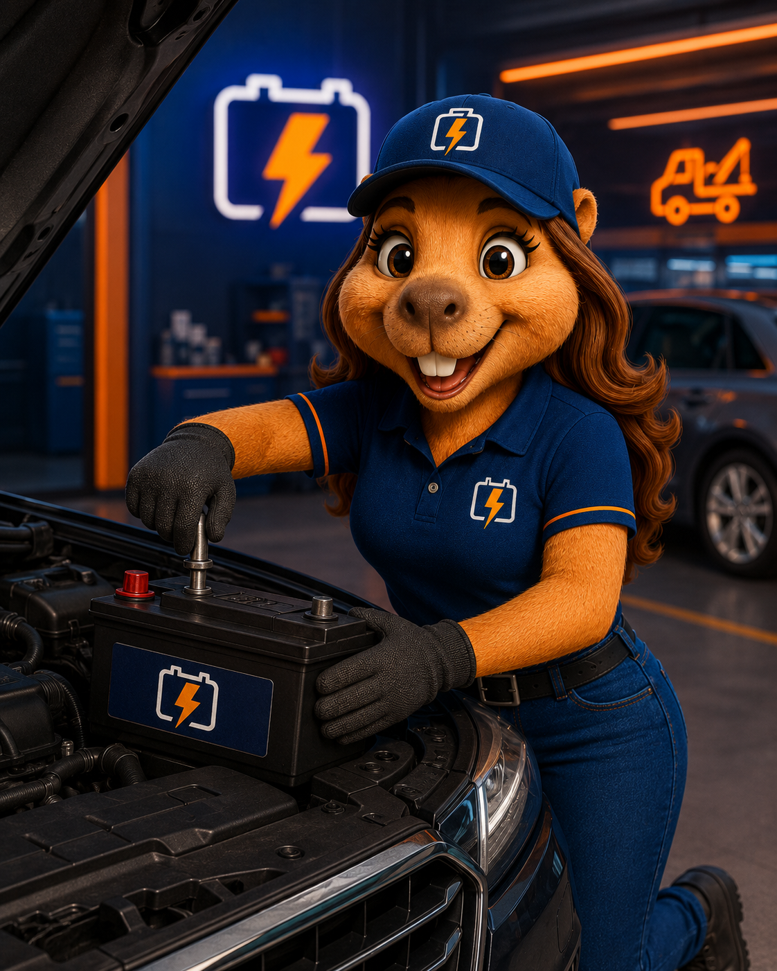 Mascote do Varejão instalando uma bateria no veículo