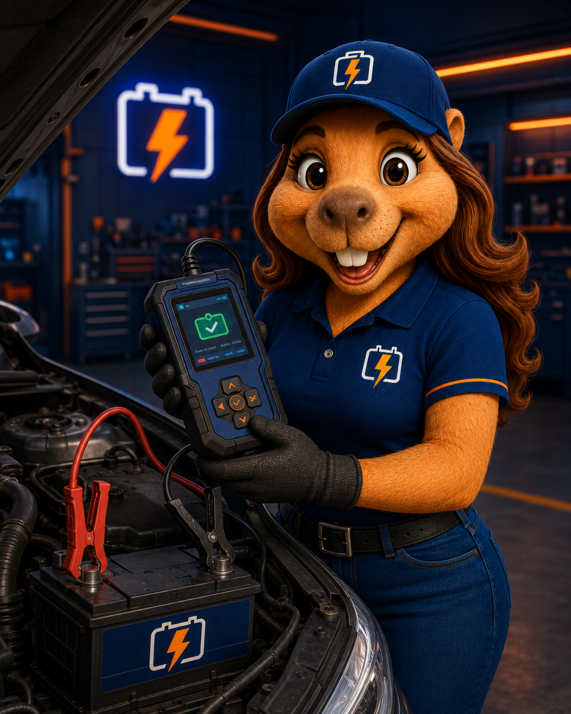 Mascote do Varejão realizando o diagnóstico da bateria
